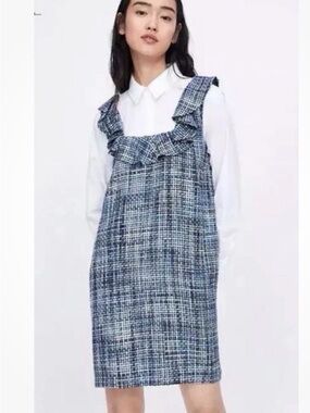 Zara Blue Tweed Ruffle-Trim Shift Dress
